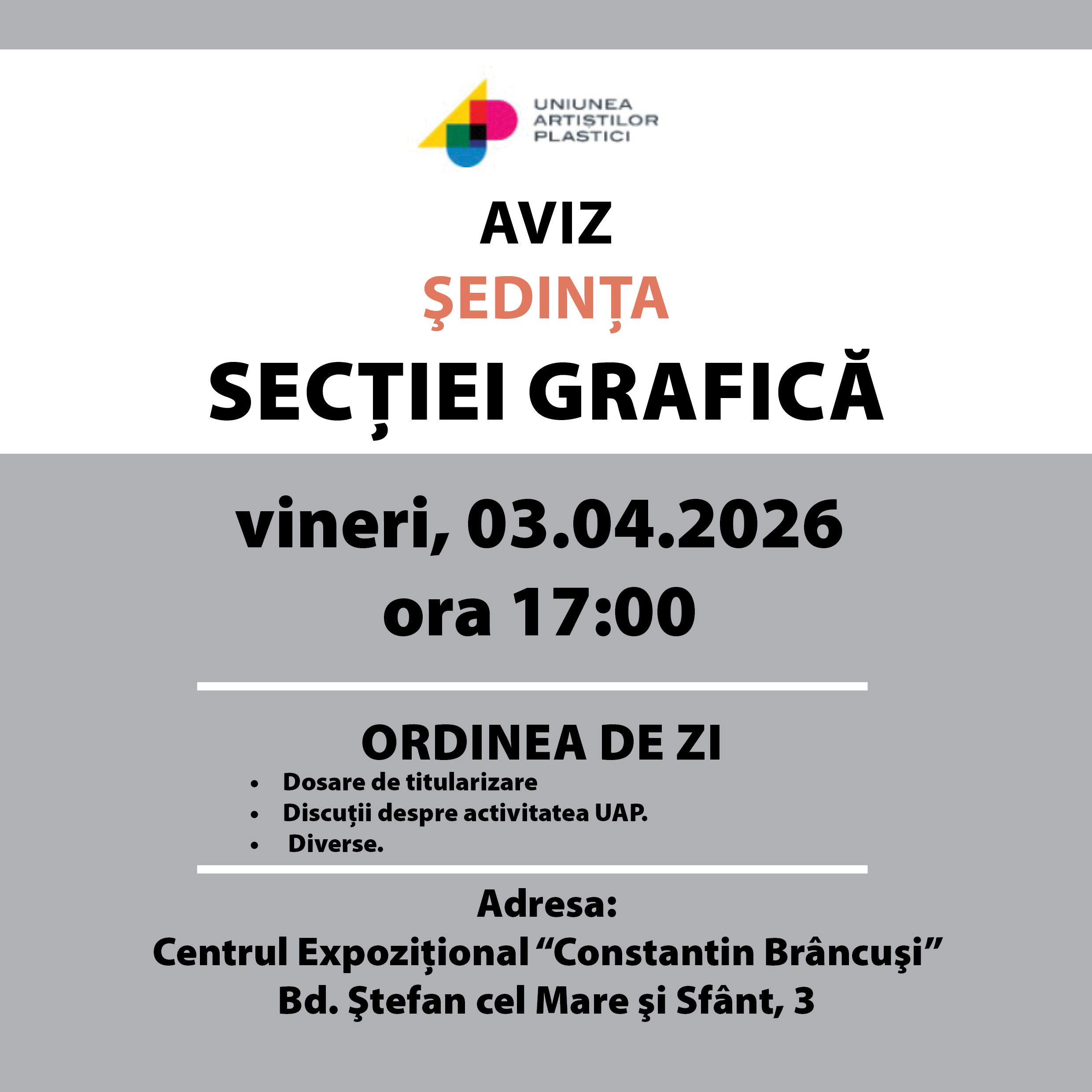 Anunț. Ședința secției Grafică 03-04-2026